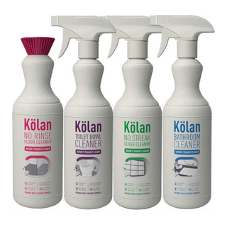 A set of four Kolan organic bathroom cleaner bottles in different colors, labeled for various cleaning tasks such as toilet bowl, floor, no rinsing, and glass cleaner.
