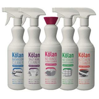 A set of five Kolan branded spray bottles for various cleaning purposes, including bathroom, toilet bowl, floor, kitchen, and glass, in different colors indicating the specific product use.