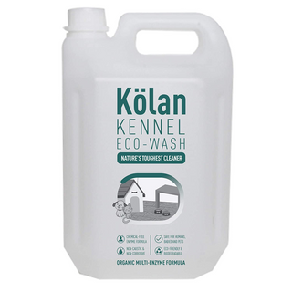 A 5-liter bottle of Kolan Kennel Eco Wash with a label depicting a cartoon dog and a house, highlighting the product's use for cleaning pet areas.