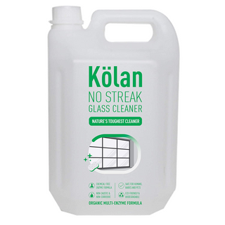 A 5-liter bottle of Kolan Organic Enzyme Based No Streak Glass Cleaner with a white label and green text highlighting its eco-friendly properties.