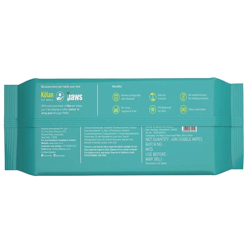 Kolan Pet Wipes/Grooming Wipes for Dogs, Cats, 60 Count