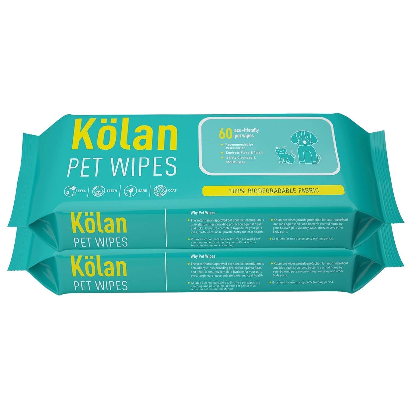 Kolan Eco-Friendly Pet Wipes/Grooming Wipes for Dogs, Cats and Other Pets 60 Pcs/Pack (Pack of 2)