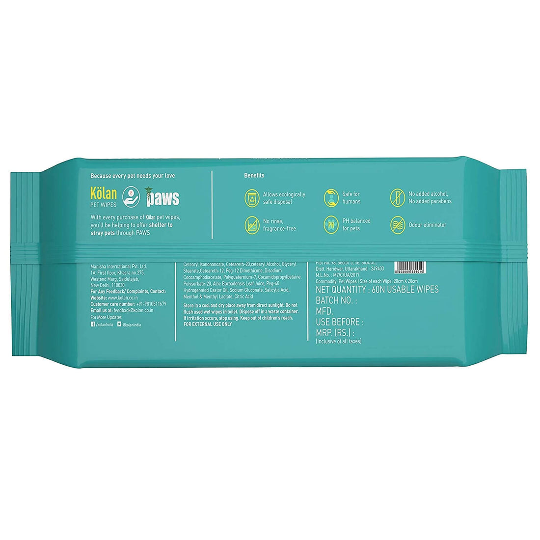 Kolan Eco-Friendly Pet Wipes/Grooming Wipes for Dogs, Cats and Other Pets 60 Pcs/Pack (Pack of 4)