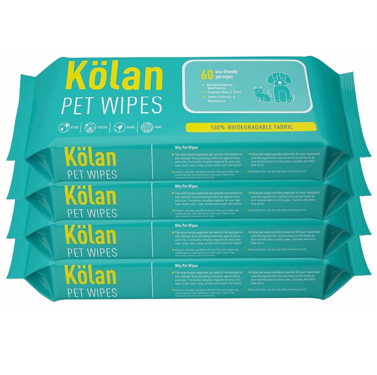 Kolan Eco-Friendly Pet Wipes/Grooming Wipes for Dogs, Cats and Other Pets 60 Pcs/Pack (Pack of 4)