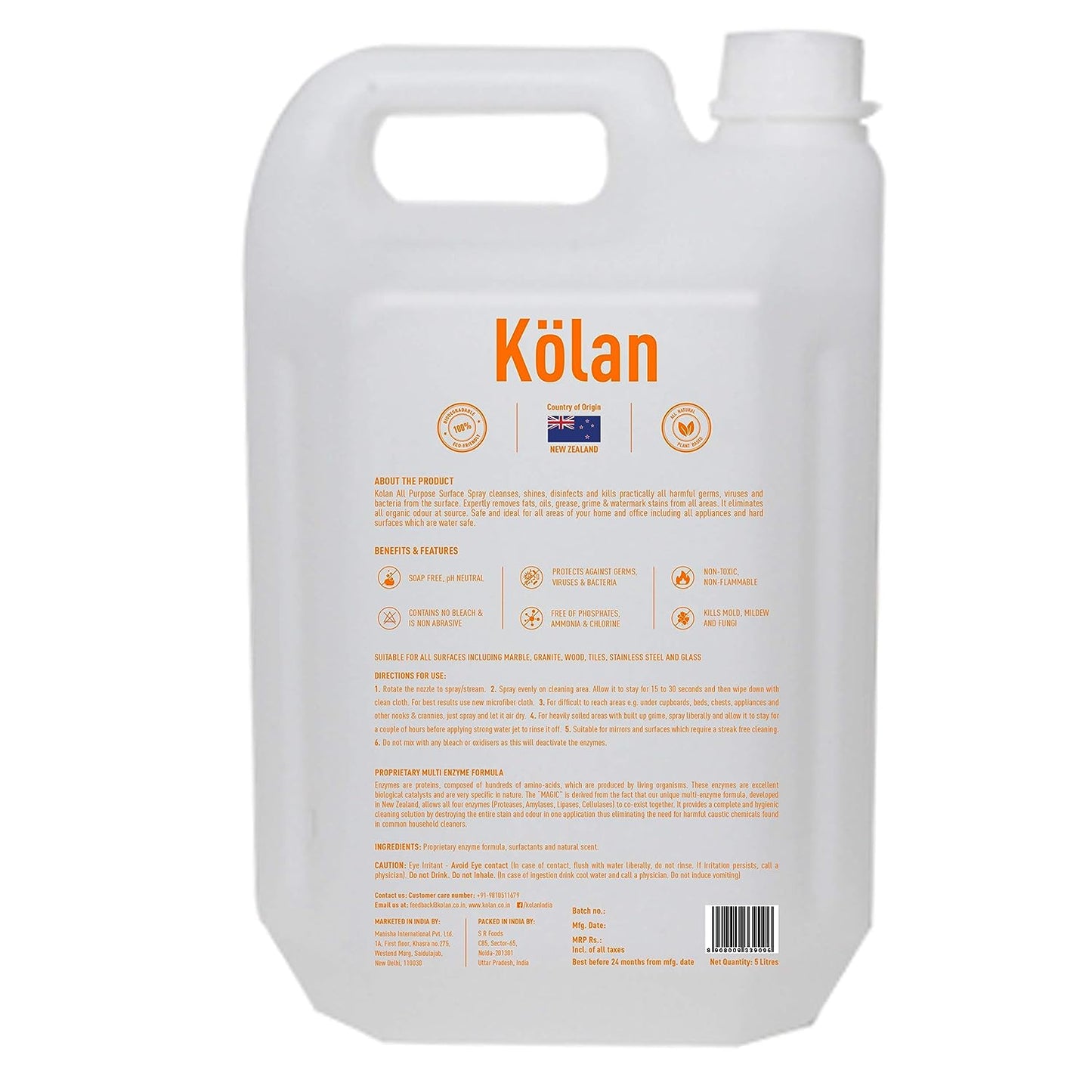 Kolan Organic Enzyme Based Biodegradable All Purpose Surface Spray Cleaner 5L Canr