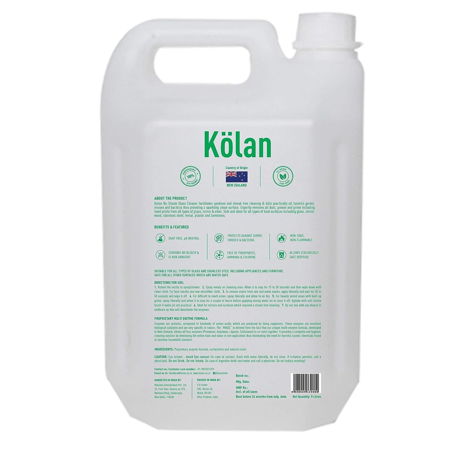 Kolan Organic Enzyme Based Biodegradable No Streak Glass Cleaner 5L Can