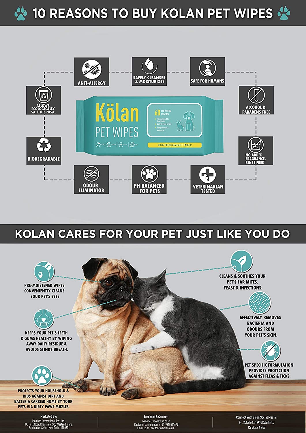 Kolan Organic Eco-Friendly Pet Stains & Odour Remover (for Hard Surfaces) 700 ml 2 Pet Wipes for Dogs, Cats and Other Pets 60 Pcs/Pack ||- (Combo Pack)