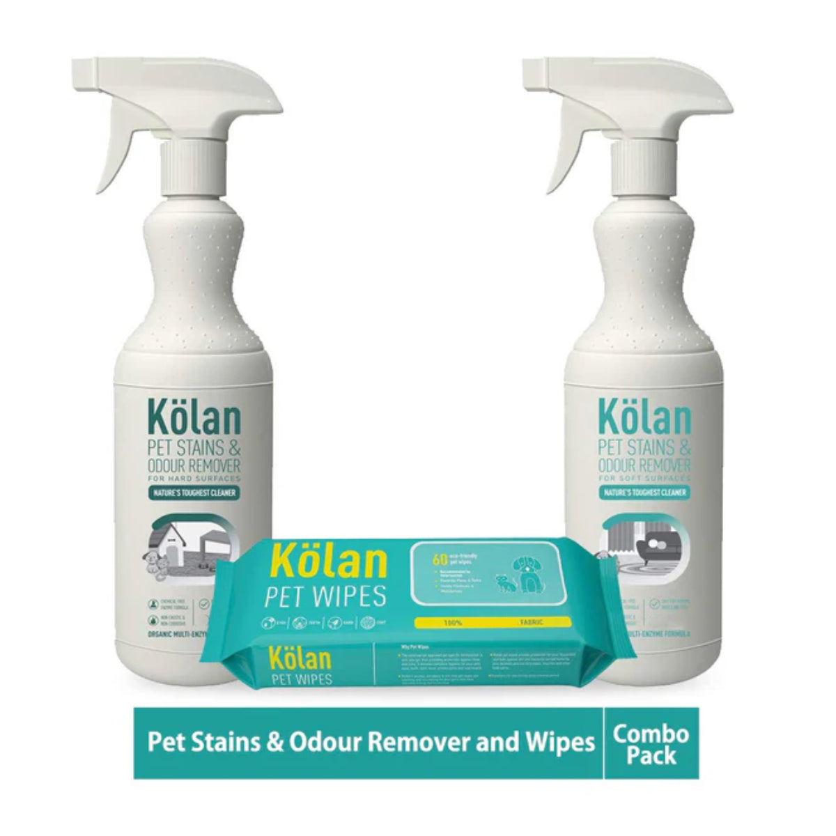 Kolan Organic Pet Stains & Odour Remover || for Hard & Soft Surfaces || 700 ml Each and Pet Wipes for Dogs, Cats and Other Pets 60 Pcs/Pack - (Combo Pack)