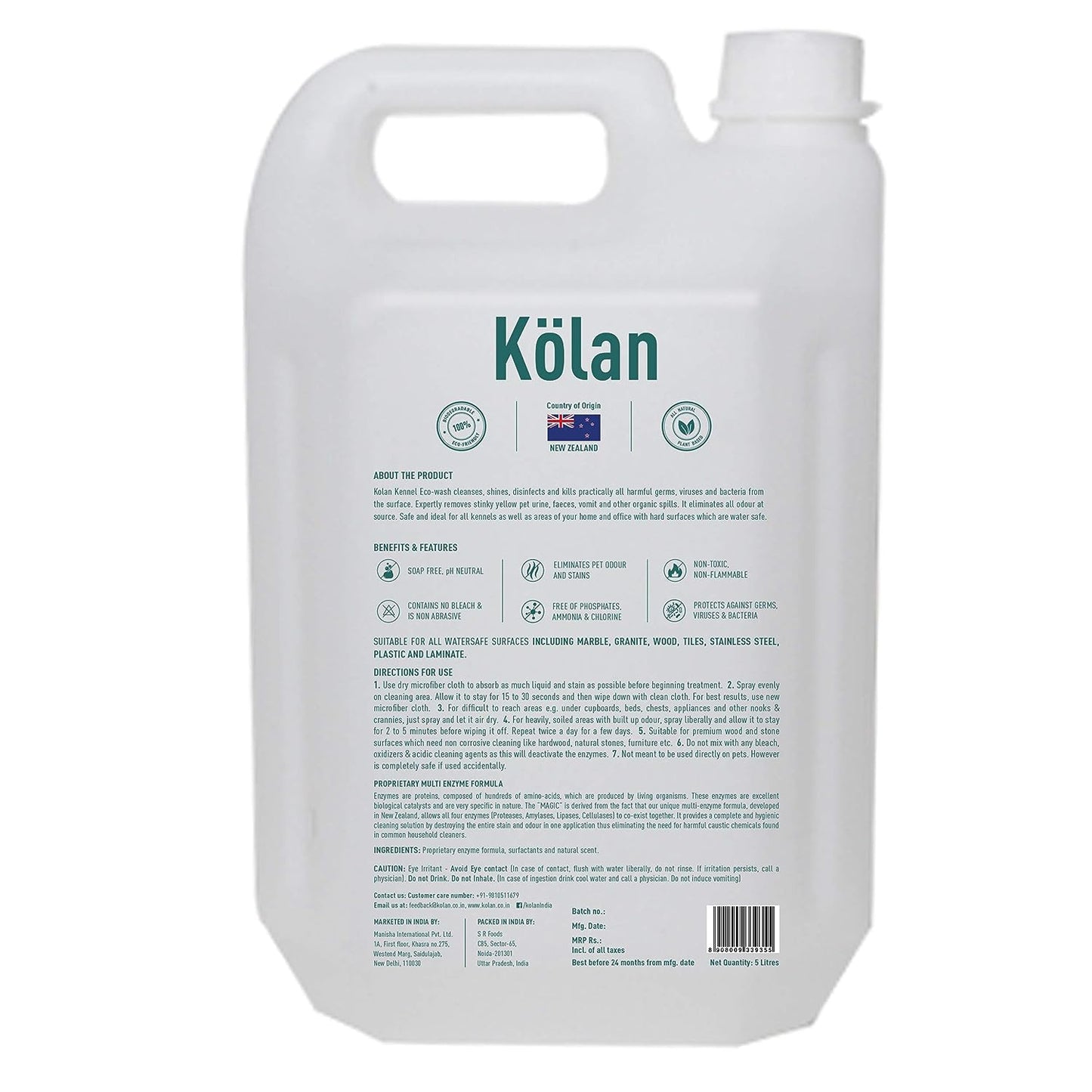 Kolan Organic Enzyme Based Kennel Eco - Wash 5L Can